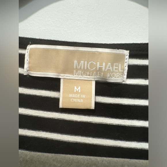 Michael Kors Black & White Striped Zip-Front V-Neck Long Sleeve Top - Picture 2 of 6
